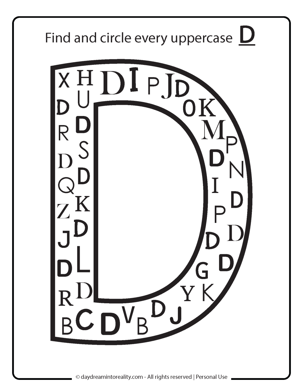 Letter D worksheet free printables - find and circle all uppercase D.