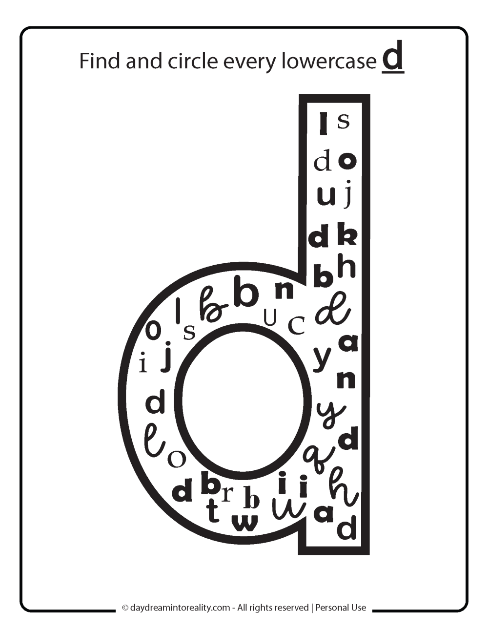 Letter D worksheet free printables - find and circle all lowercase d