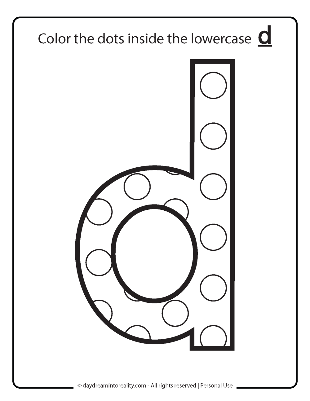 Letter D worksheet free printables - color all the dot in lowercase d