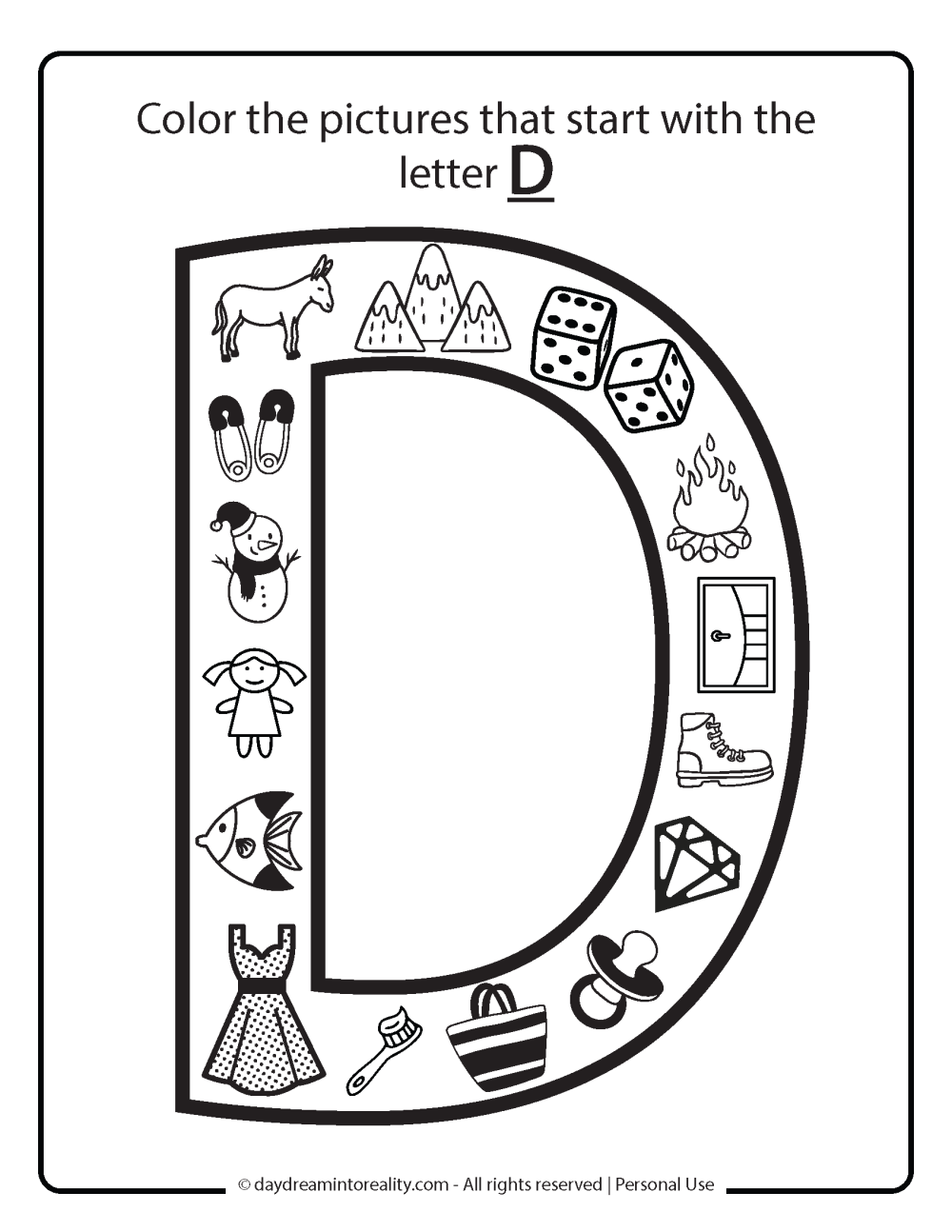 Letter D worksheet free printables - color picture that starts with D