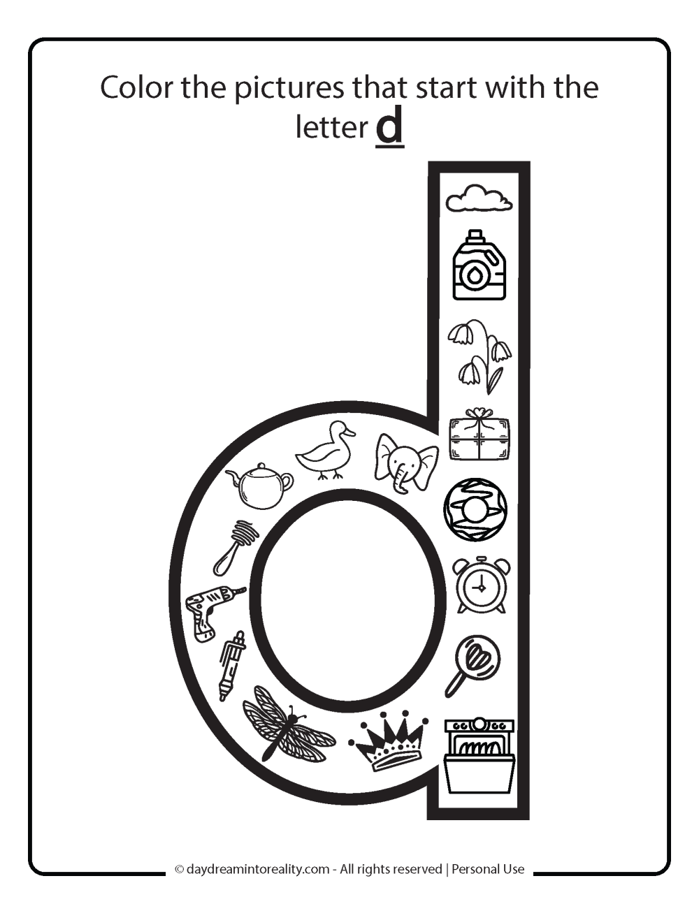 Letter D worksheet free printables - color picture that starts with D