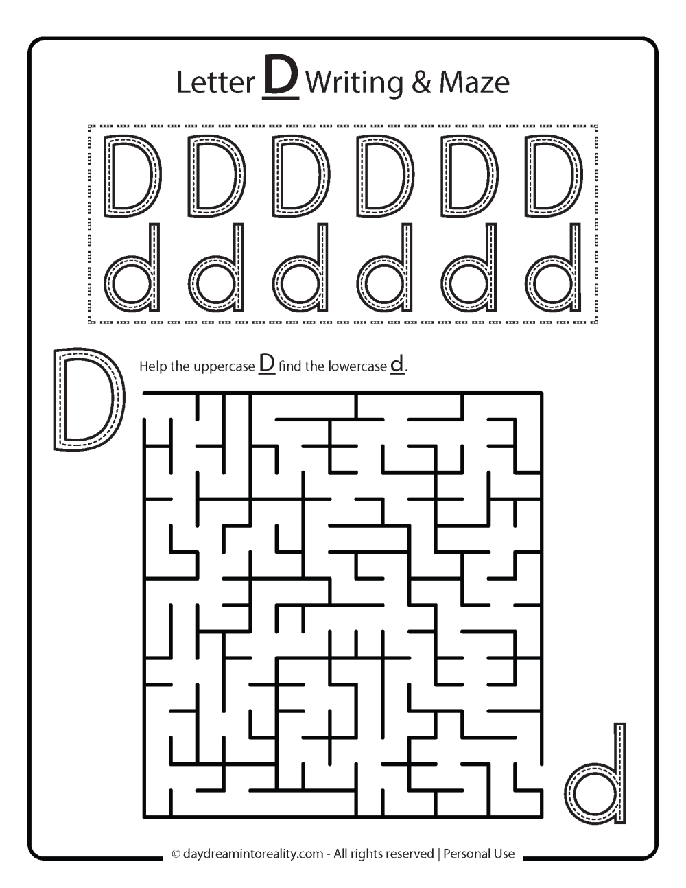 Letter D worksheet free printables. Writing practice with maze.