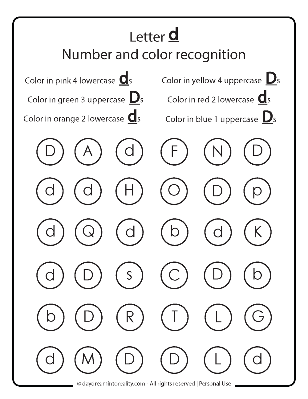 Letter D worksheet free printables. Number, letter and color recognition.