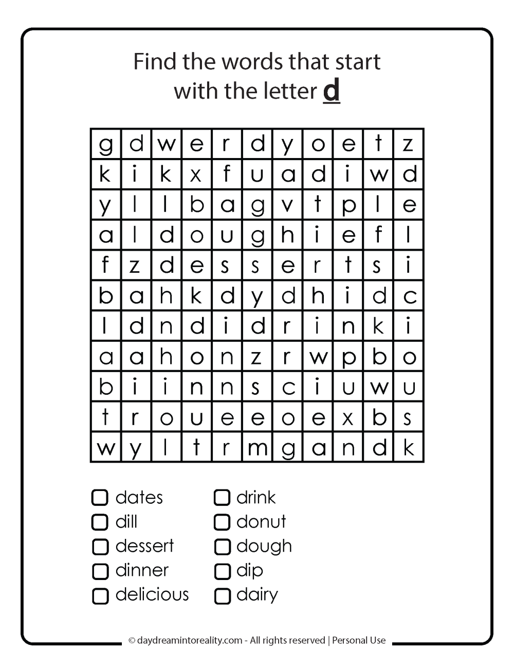 Word search Letter D worksheet free printables