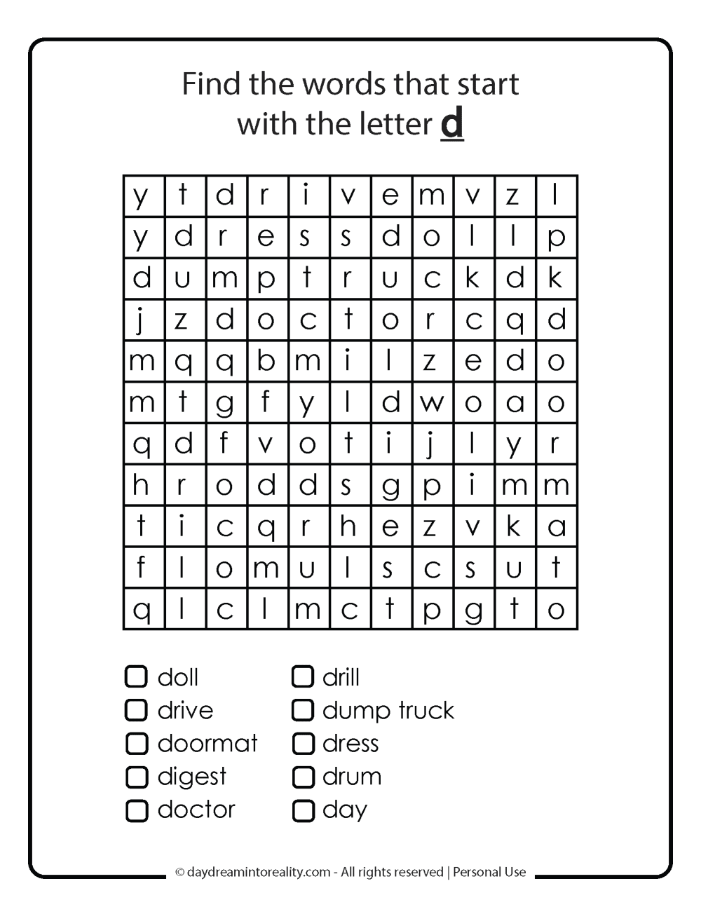 Word search Letter D worksheet free printables