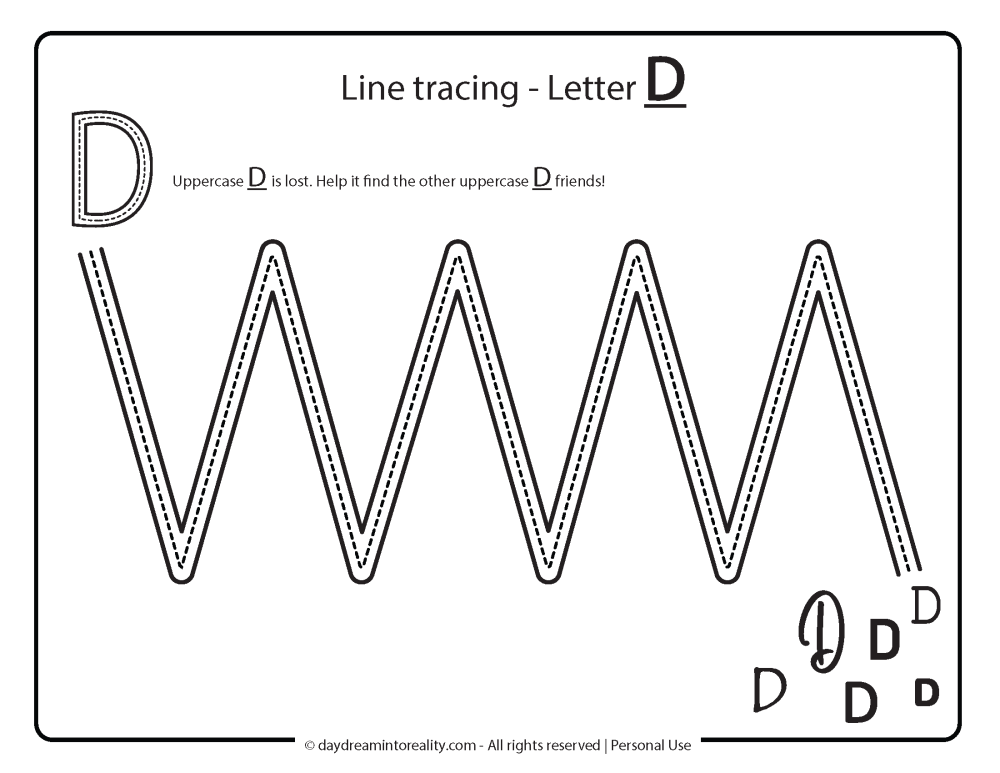 Letter D worksheet free printables line tracing practice. 