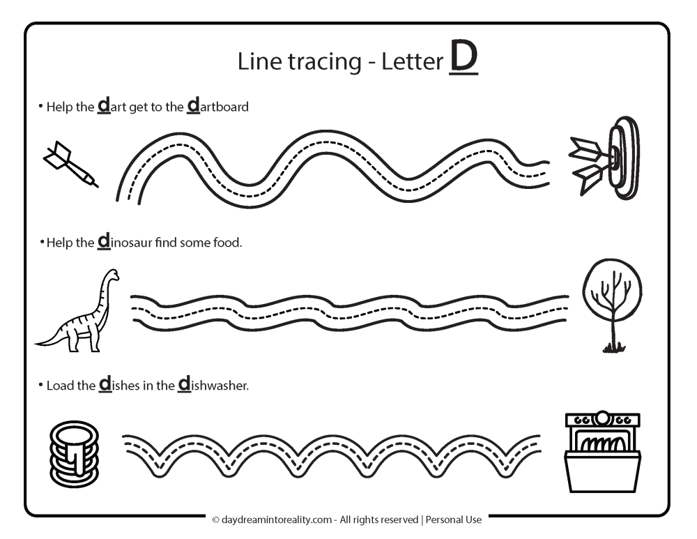 Letter D worksheet free printables line tracing practice.