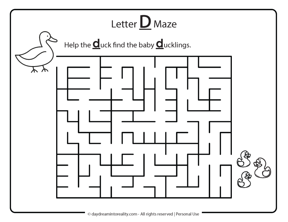 Letter D worksheet free printables - d is for duck maze.