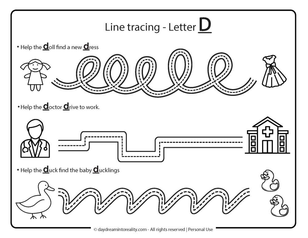 Letter D worksheet free printables line tracing practice.