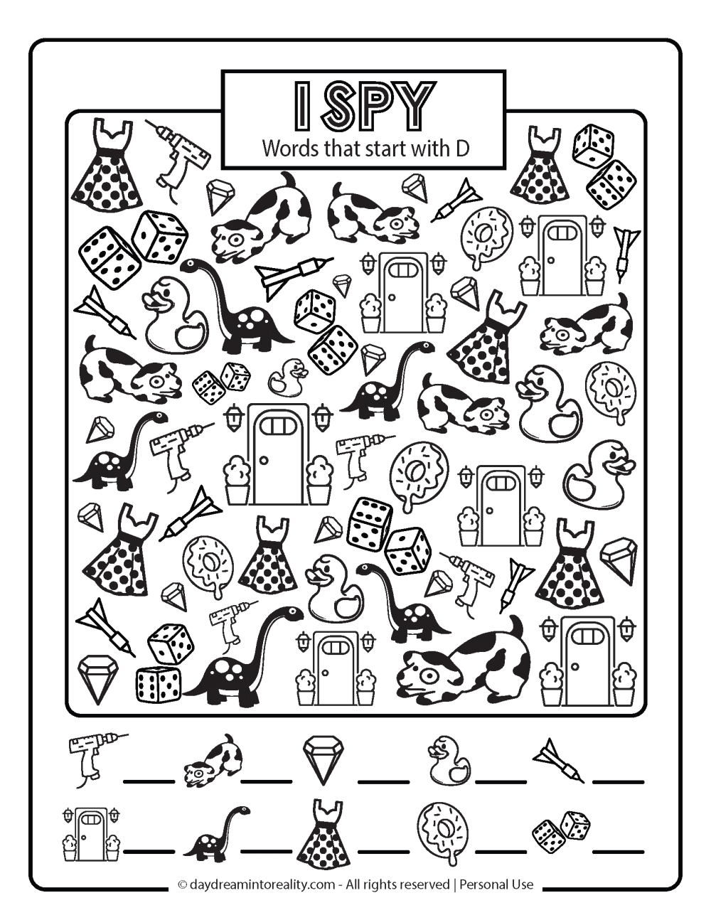 Letter D worksheet free printables. I spy word that start with d.