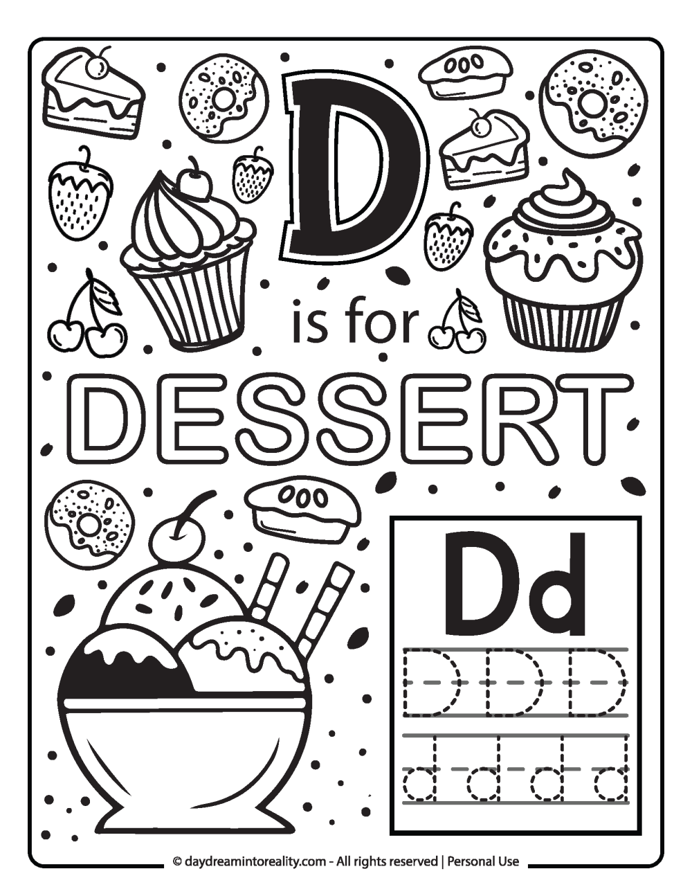 Letter D worksheet free printables. Coloring page D is for dessert.