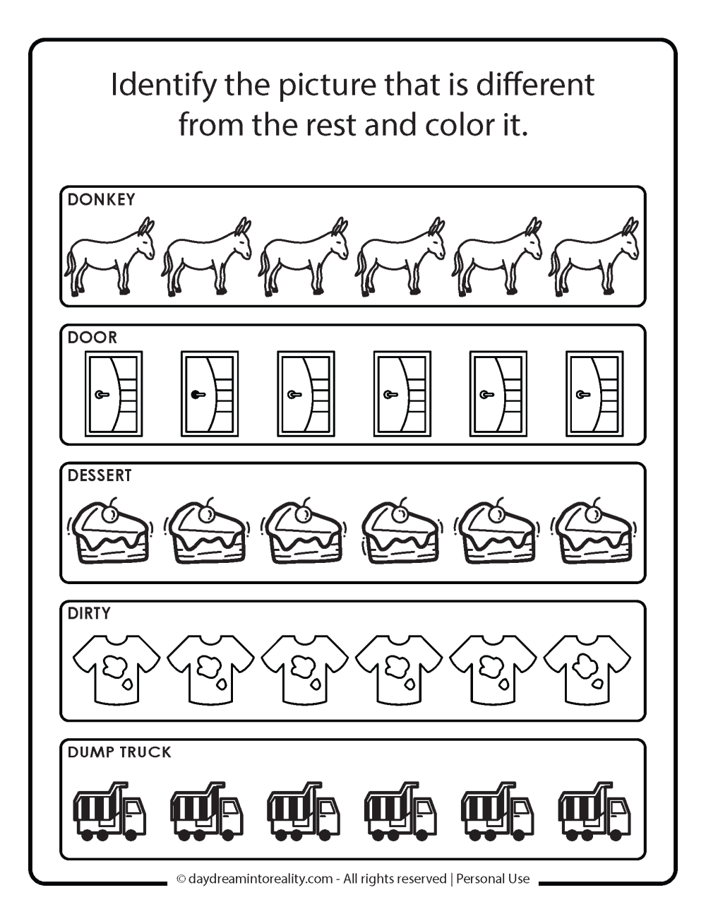 Letter D worksheet free printables. Identify the different picture.