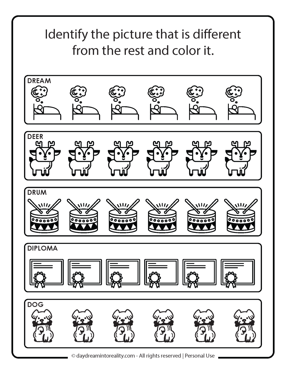 Letter D worksheet free printables. Identify the different picture.