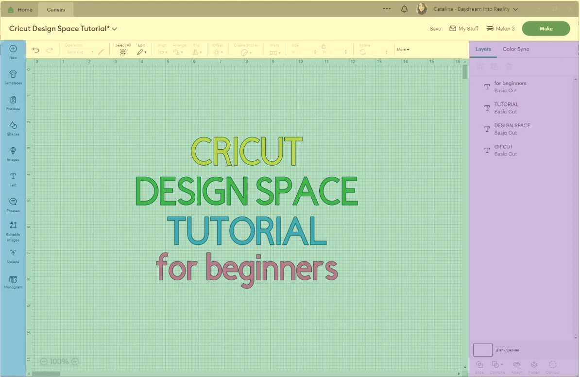 Cricut Design Space divided in 4 colors