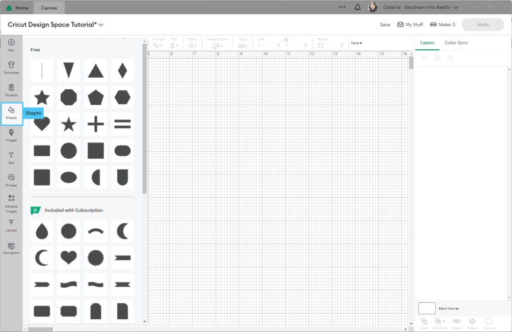 Shapes options in Cricut Design Space