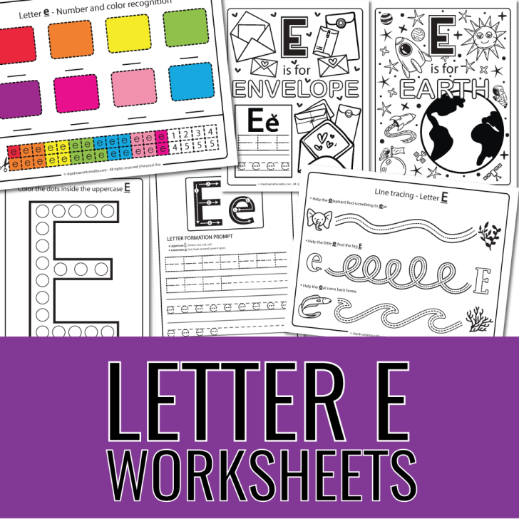 letter e worksheets featured image for article. 1:1 ratio