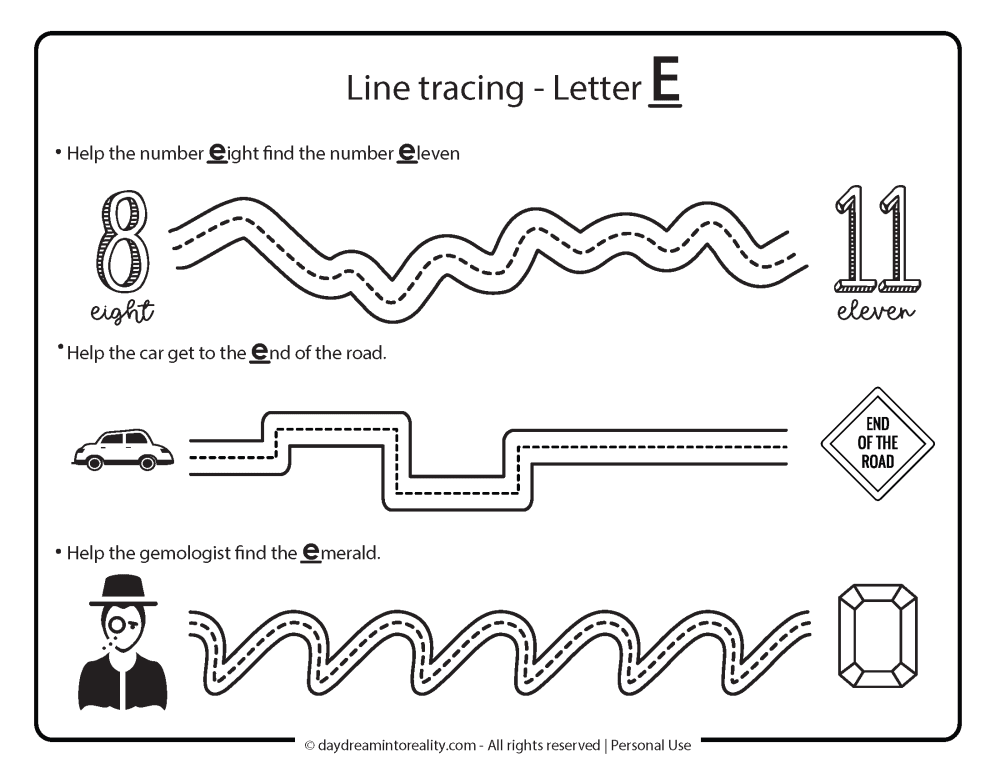 Letter E worksheet free printable - line tracing words with e