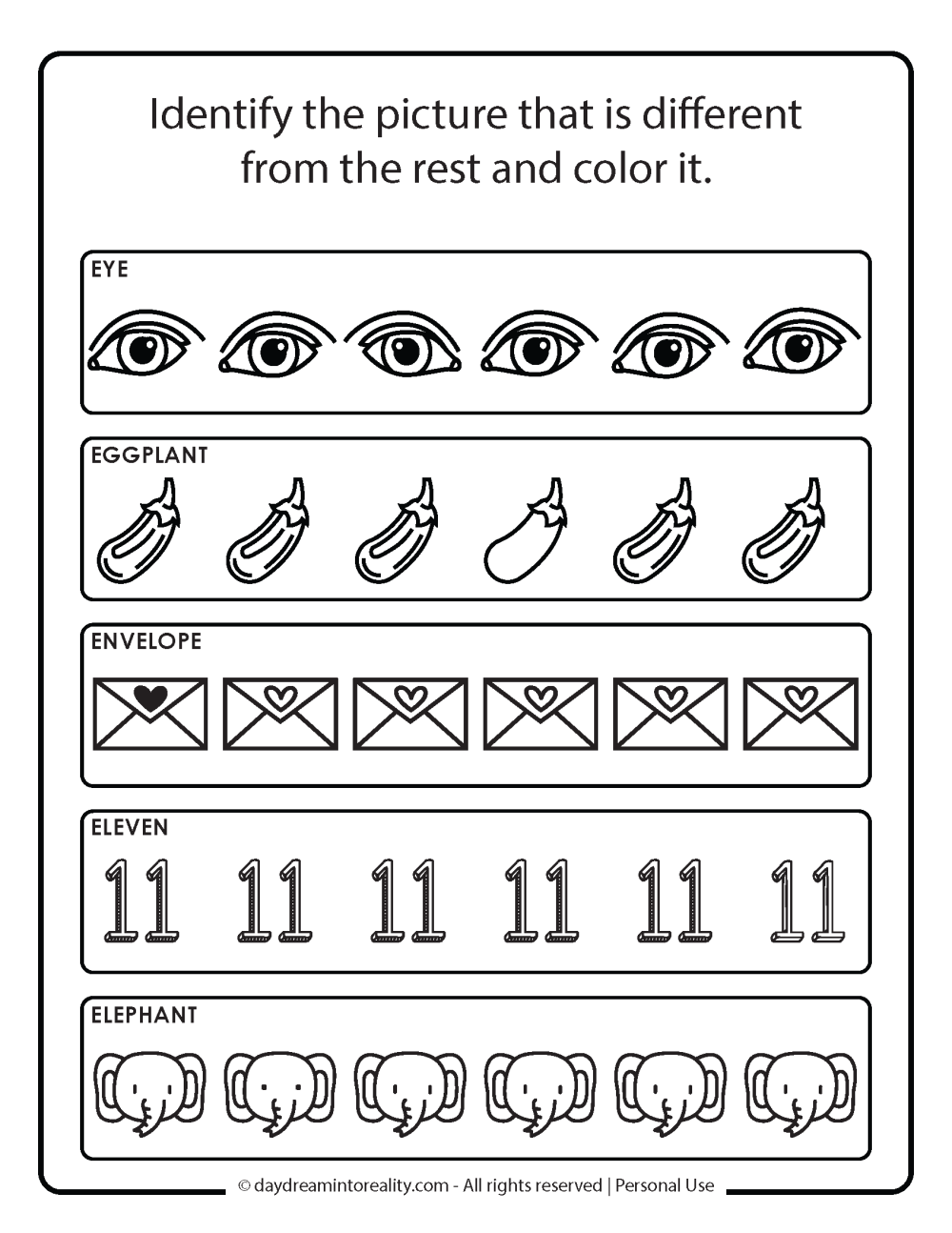 Letter E worksheet free printables. Identify the different picture.