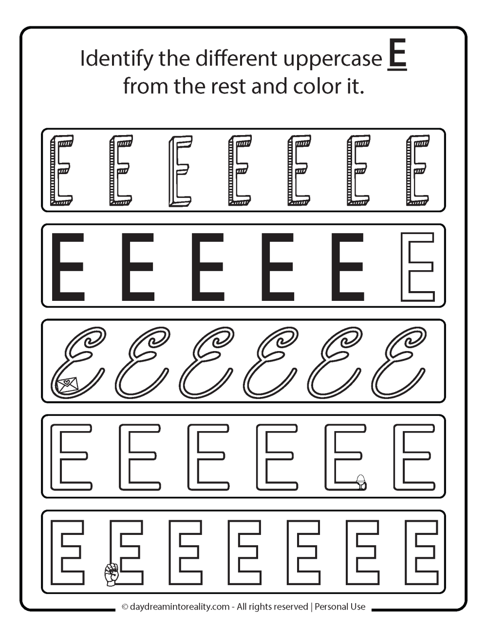 Letter E worksheet free printables. Identify the different uppercase E.