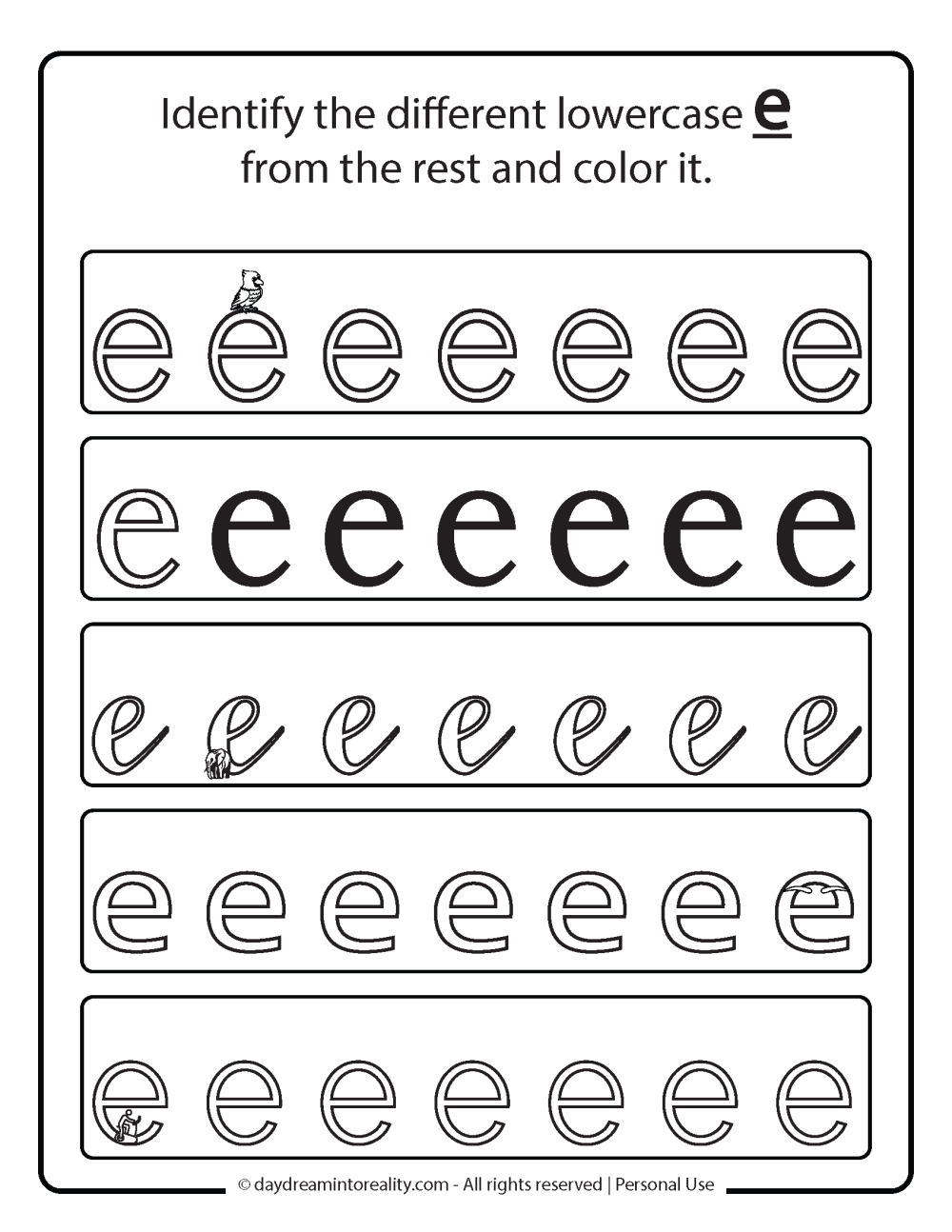 Letter E worksheet free printables. Identify the different lowercase e.