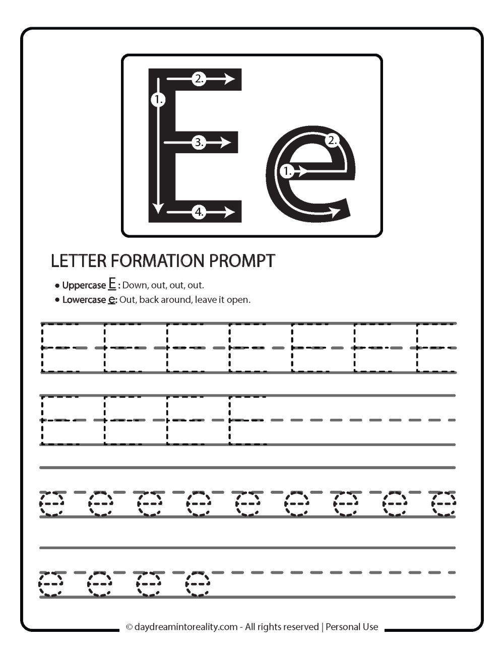 letter e trace worksheet free printable with letter formation prompts.