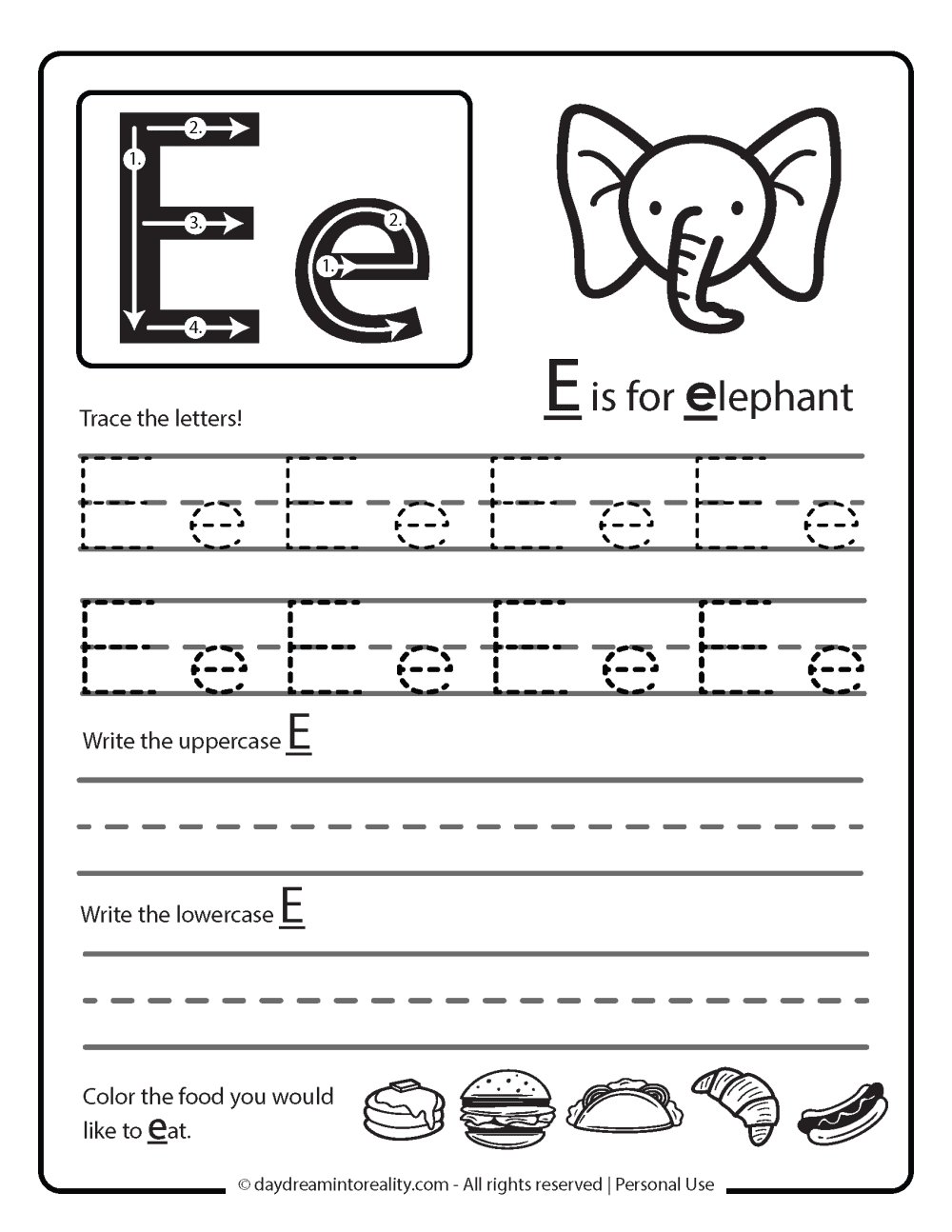 letter e trace worksheet free printable. E is for elephant.