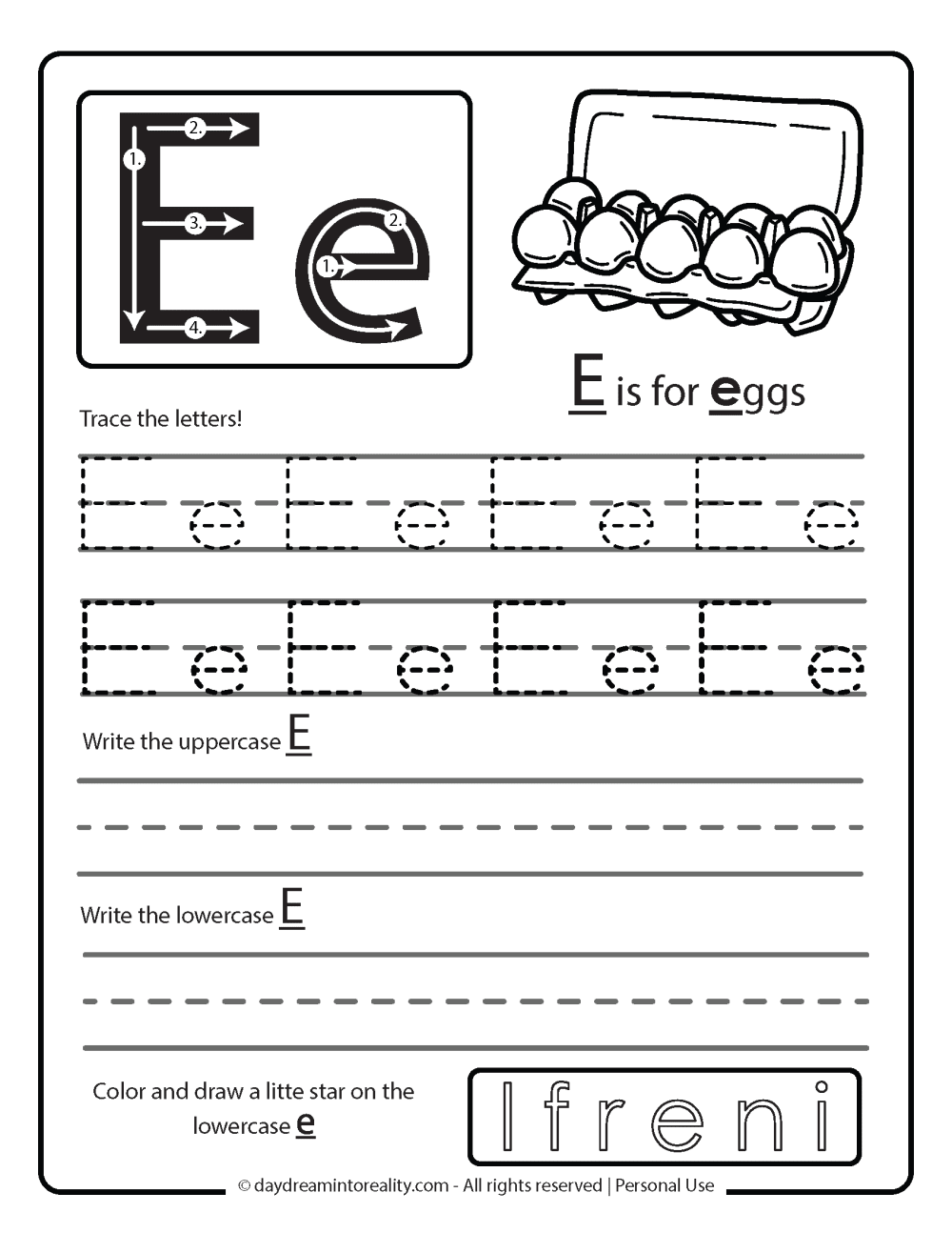 letter e trace worksheet free printable. E  is for eggs