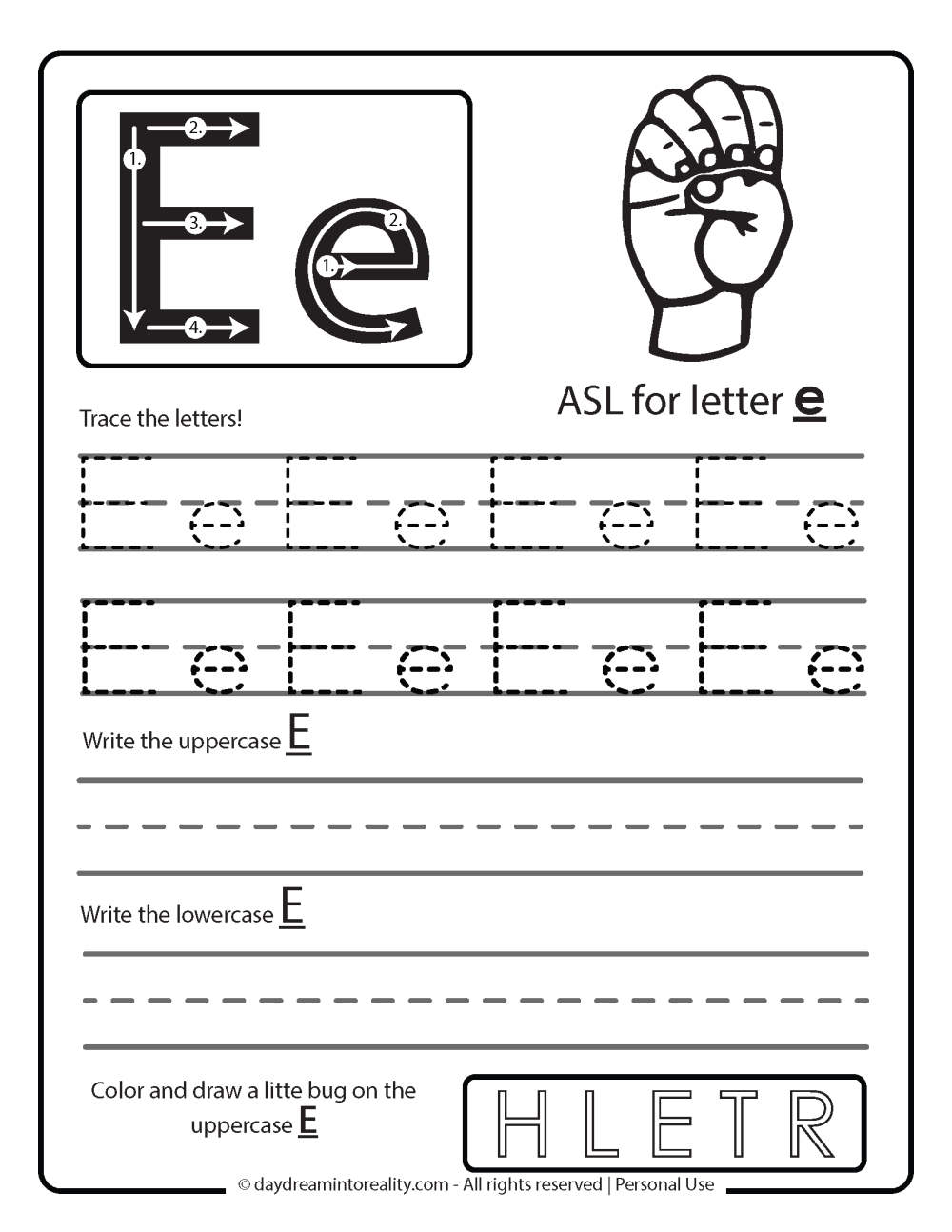 letter e trace worksheet free printable. ASL for letter E