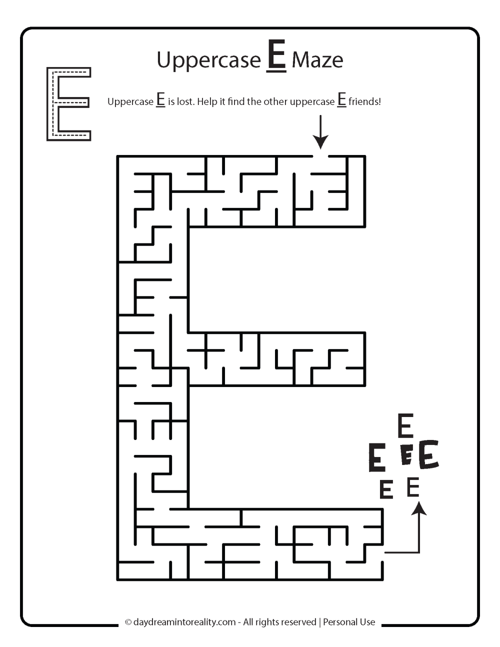 Letter E worksheet free printables. Uppercase E maze