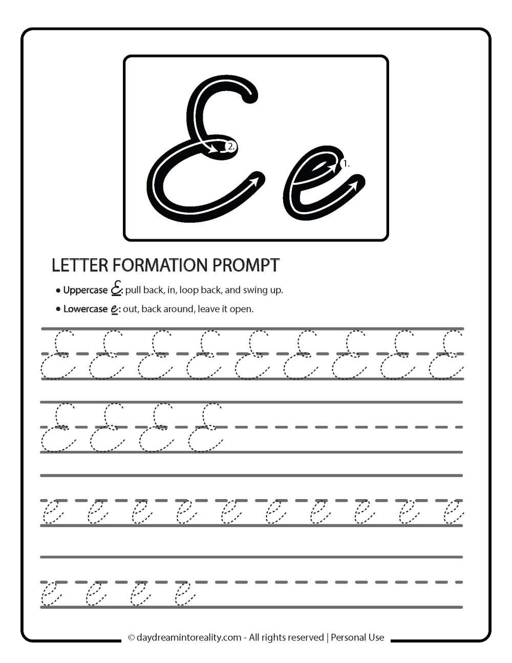 letter e cursive worksheet free printable with letter formation prompts.