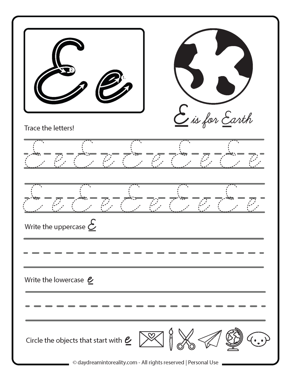 letter e cursive worksheet free printable. E is for Earth.