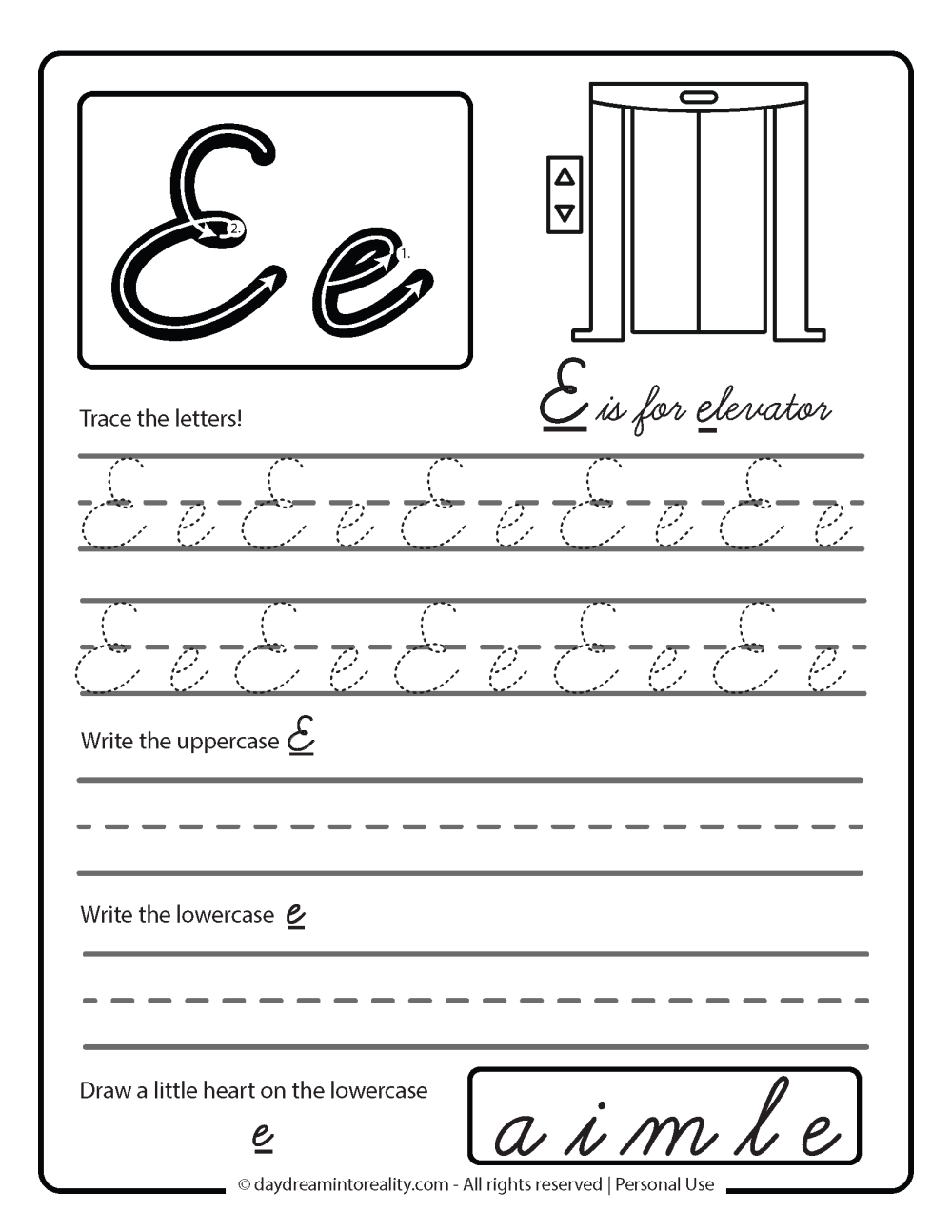letter e cursive worksheet free printable. E is for elevator.