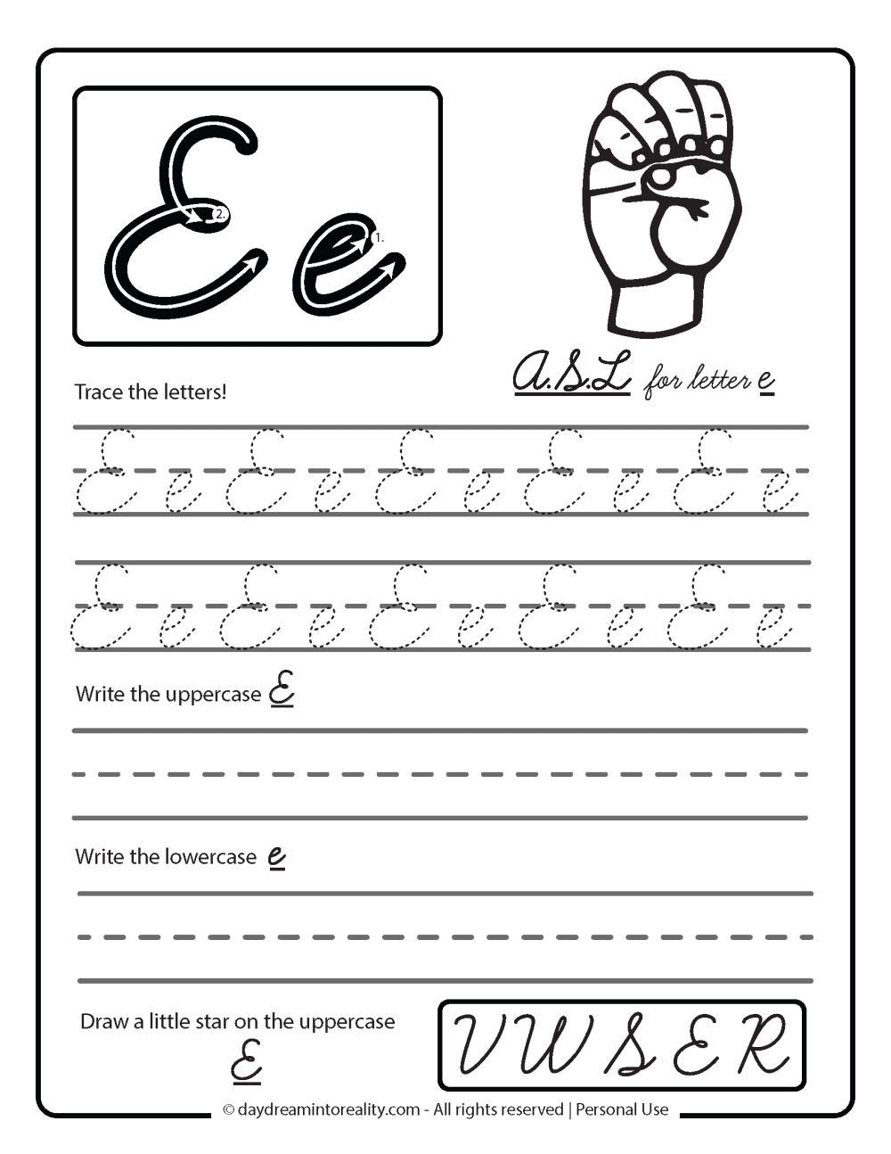 letter e cursive worksheet free printable. ASL for letter E