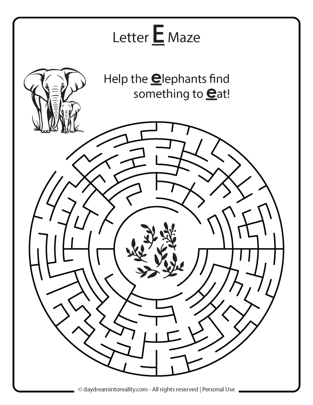 Letter E worksheet free printables. Help the elephant find food.