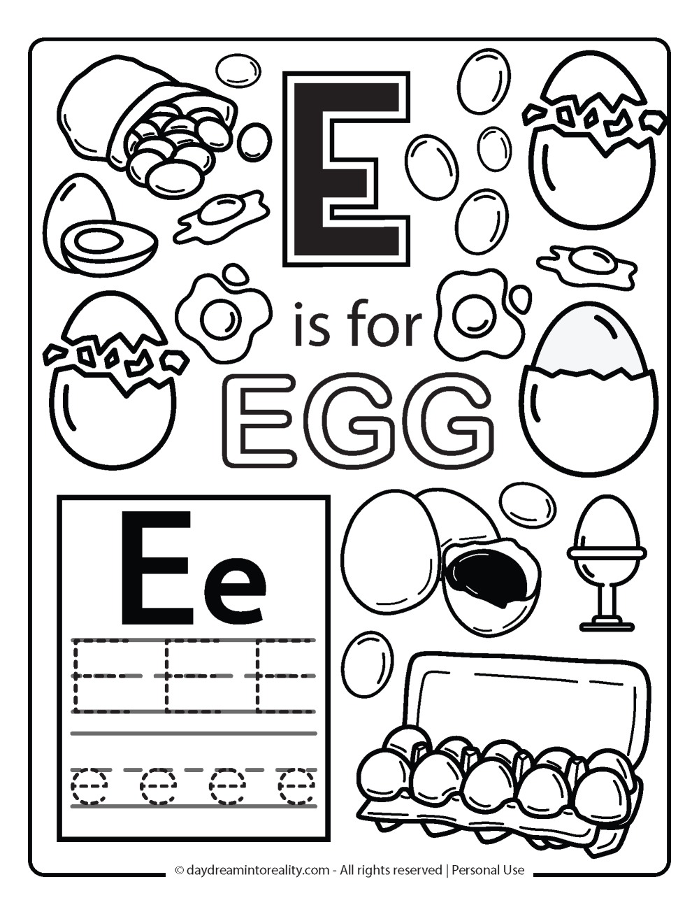 Letter E coloring page worksheet free printables. E is for egg.