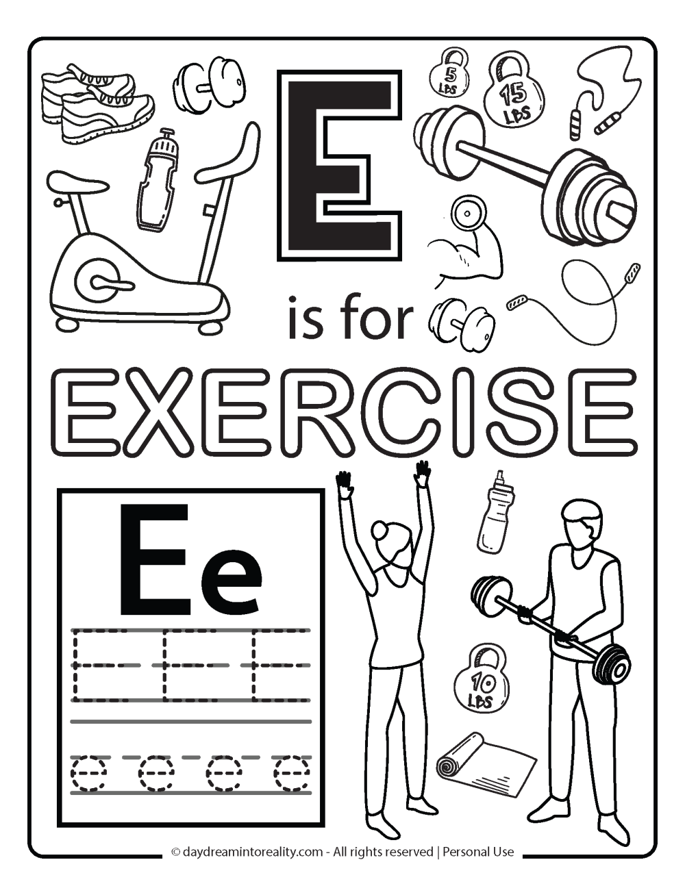 Letter E coloring page worksheet free printables. E is for exercise.