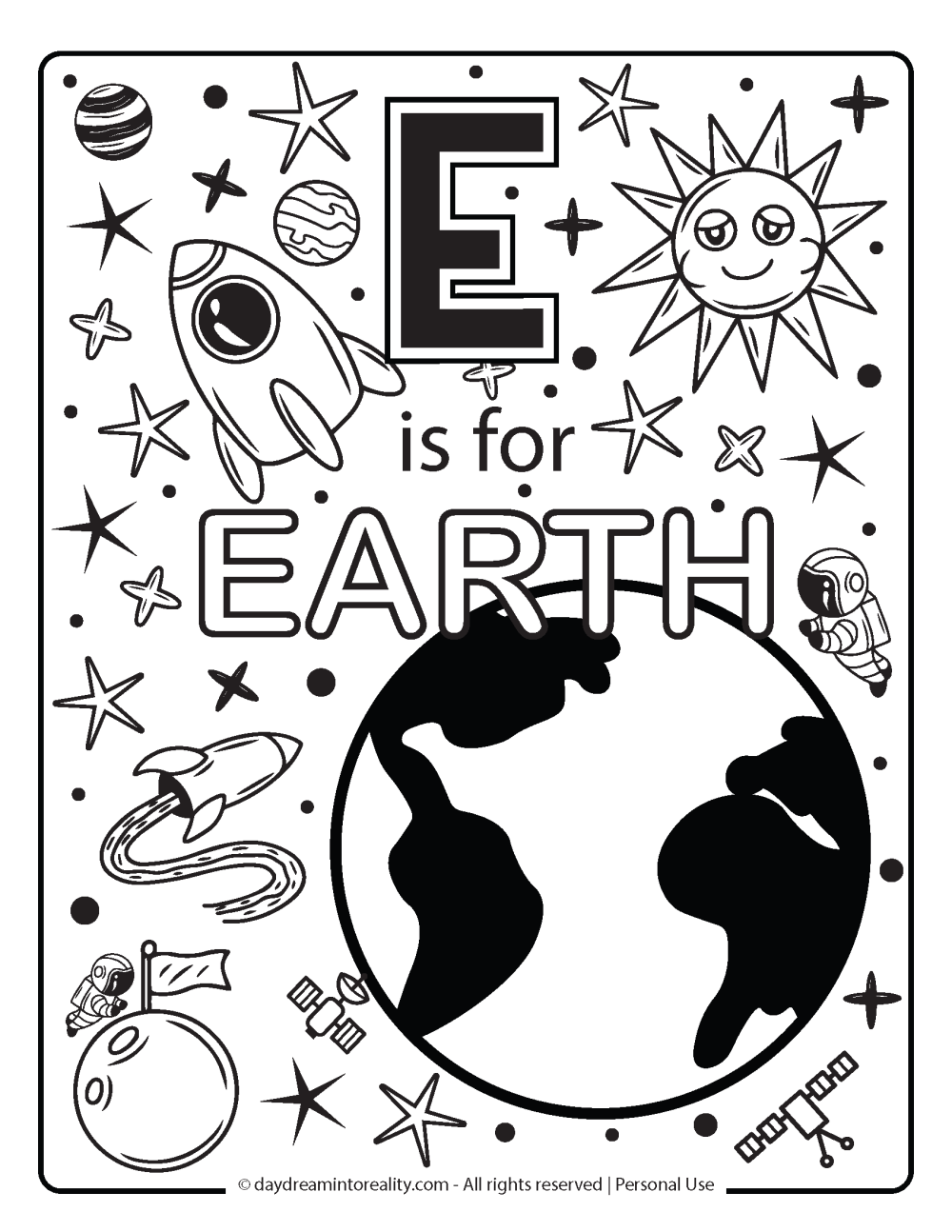 Letter E coloring page worksheet free printables. E is for earth.