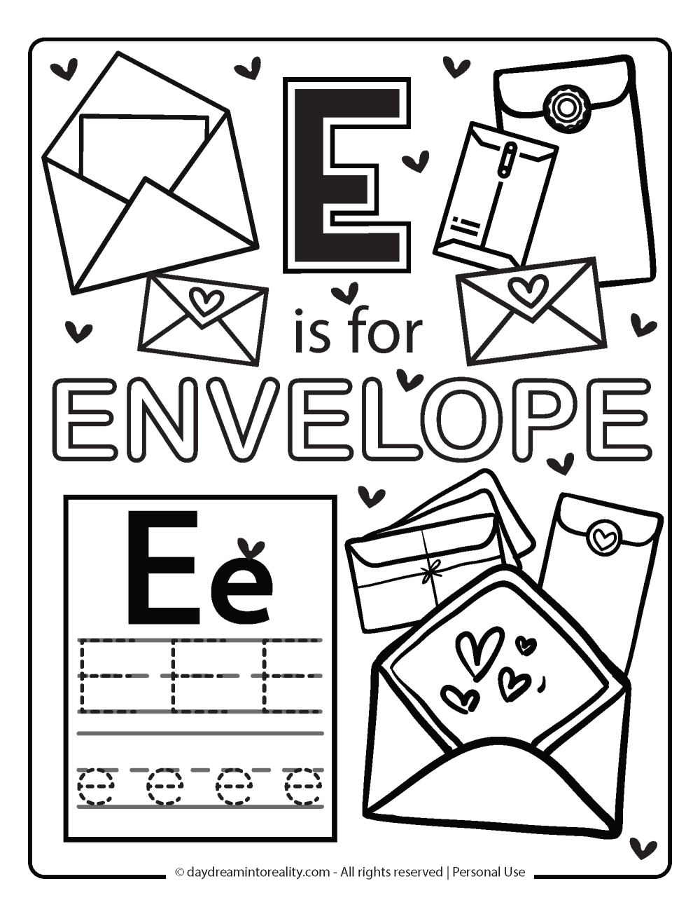 Letter E coloring page worksheet free printables. E is for envelope.