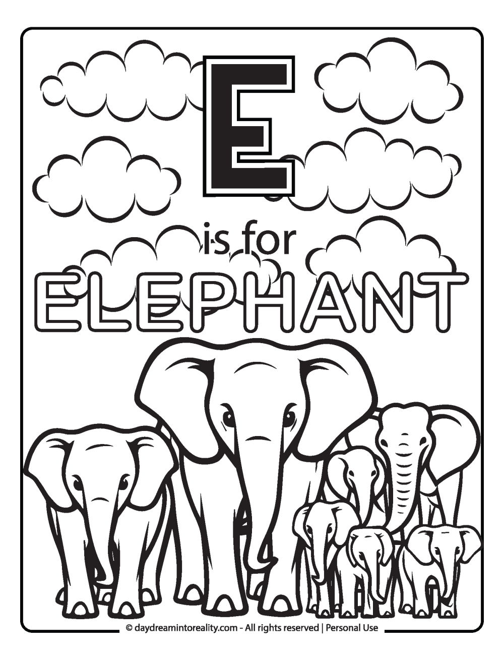 Letter E coloring page worksheet free printables. E is for elephant.