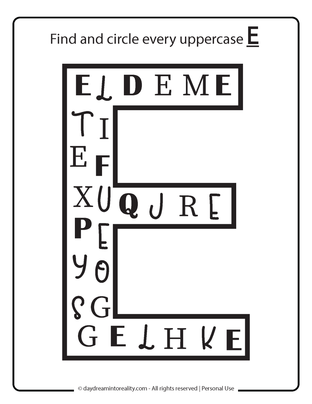 Letter E worksheet free printables - find and circle all uppercase E.