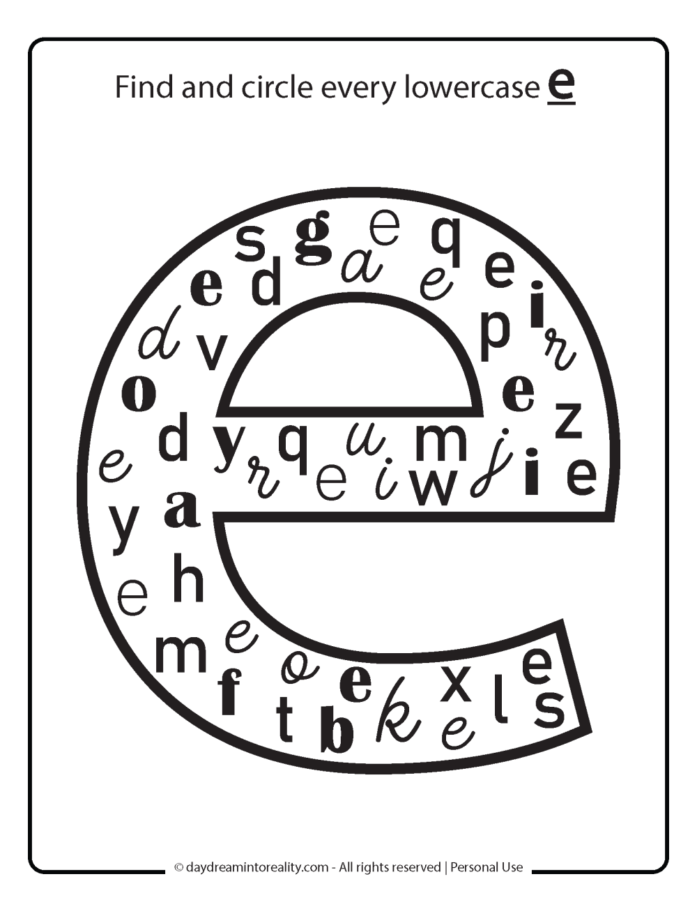 Letter E worksheet free printables - find and circle all lowercase e