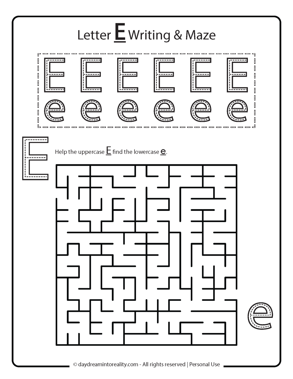 Letter E worksheet free printables. Writing and letter E maze