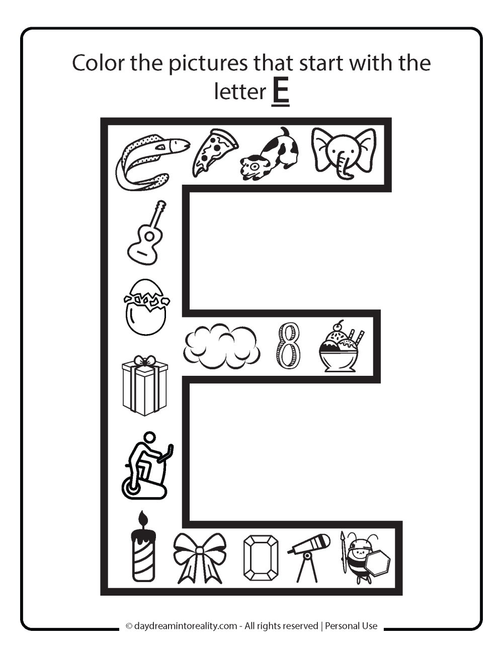 Letter E worksheet free printables - color picture that starts with E