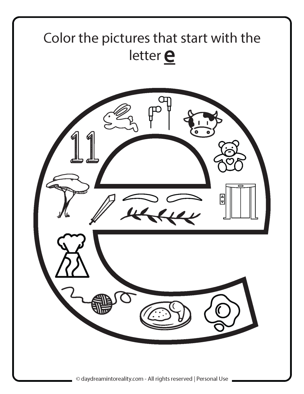 Letter E worksheet free printables - color picture that starts with E