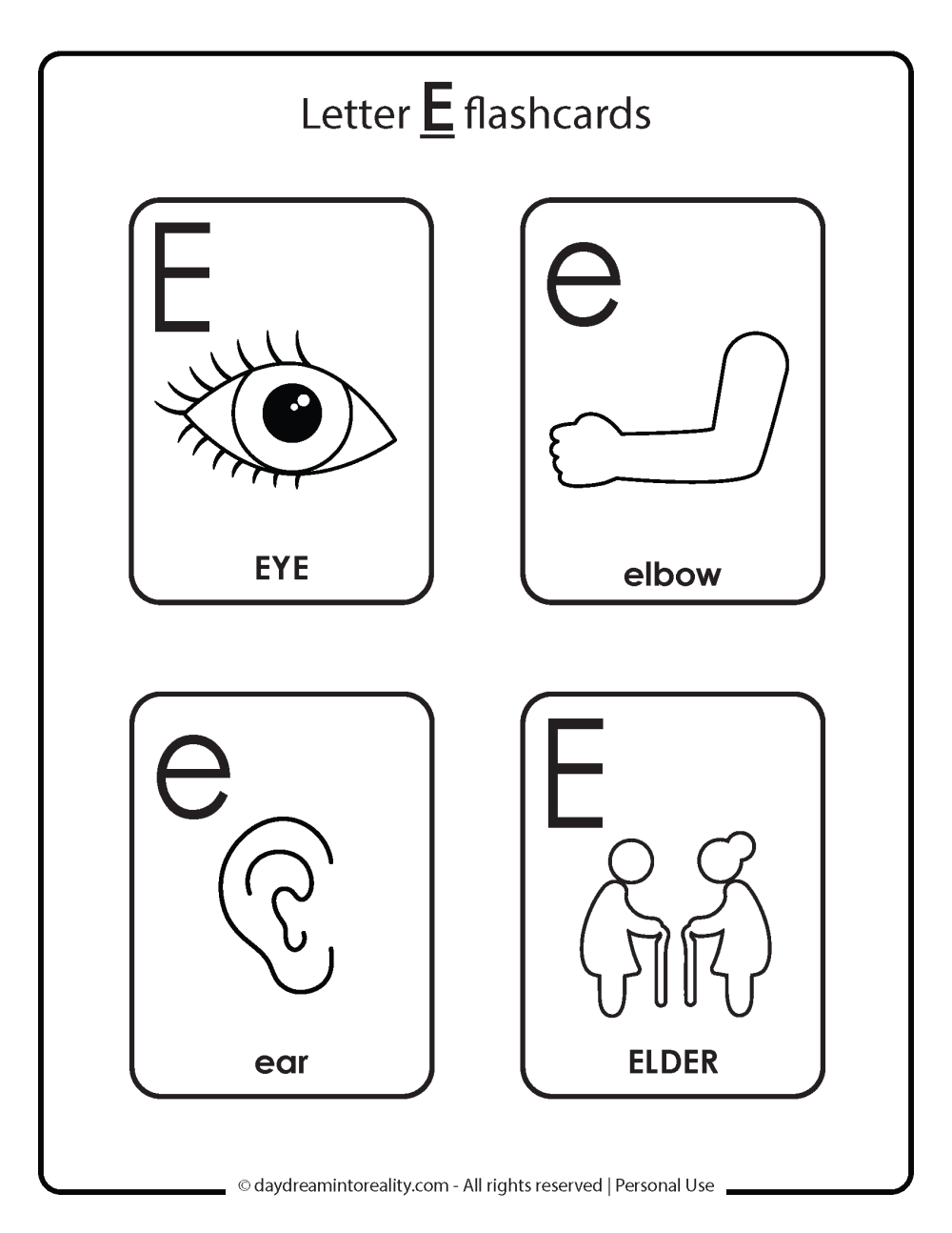 Letter E flashcards free printables. 