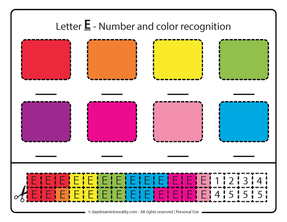 Letter e worksheet free printables. Number, and letter recognition.