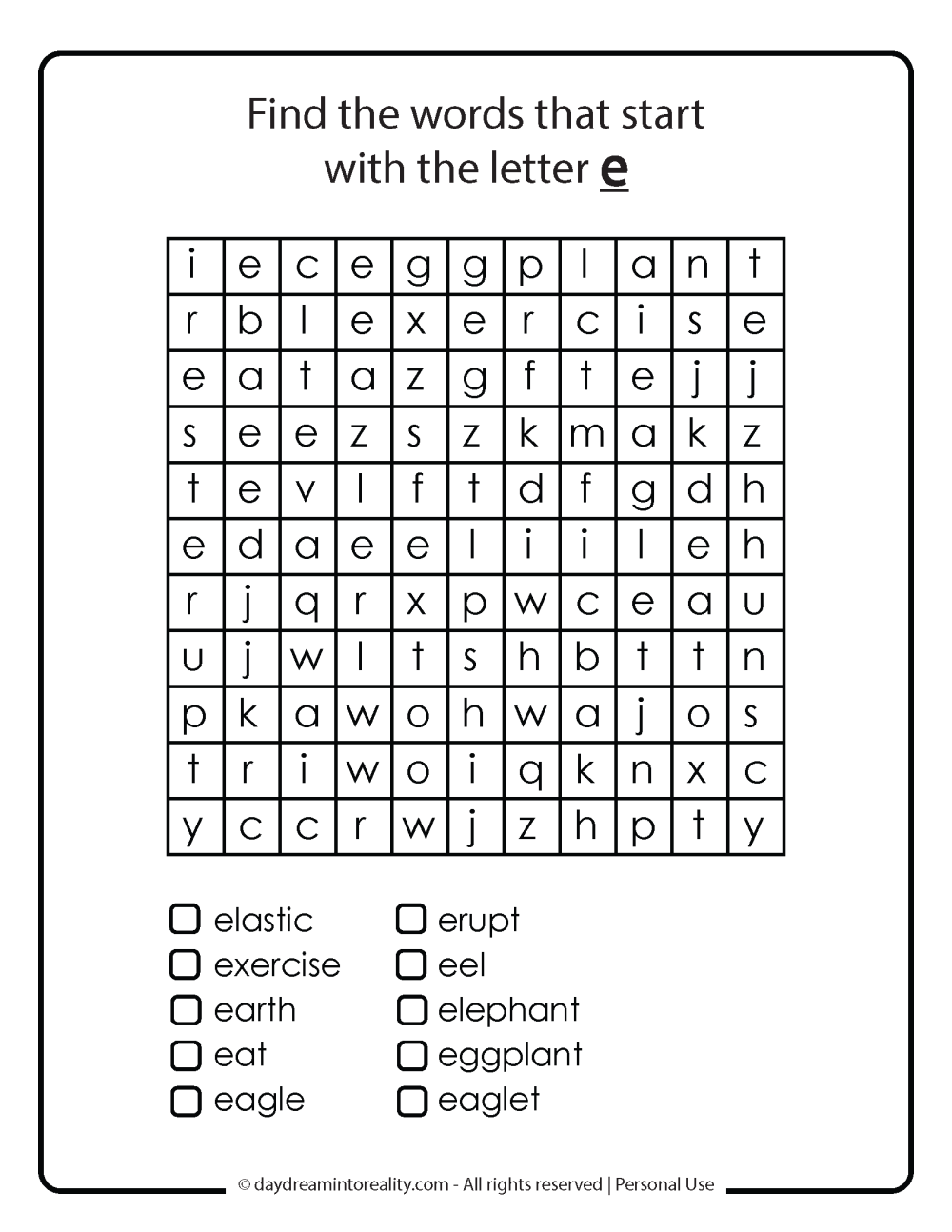 Letter E word search free printables. 