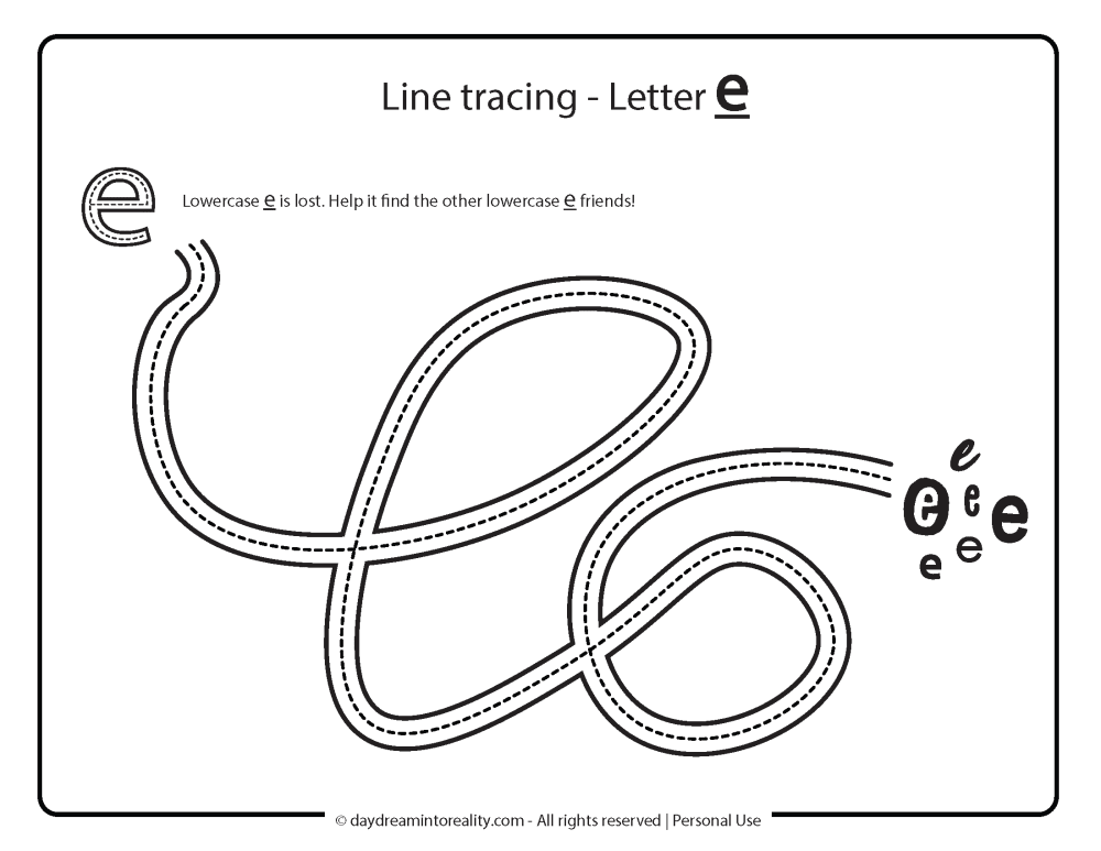 Letter E worksheet free printable - line tracing lowercase e