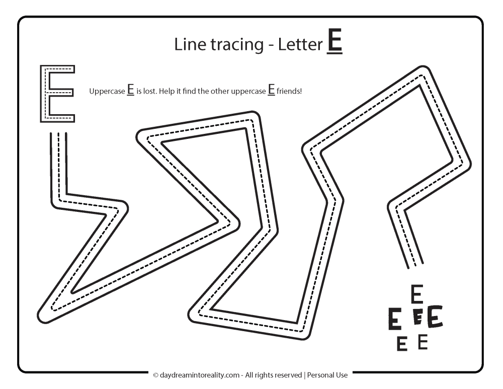 Letter E worksheet free printable - line tracing uppercase E