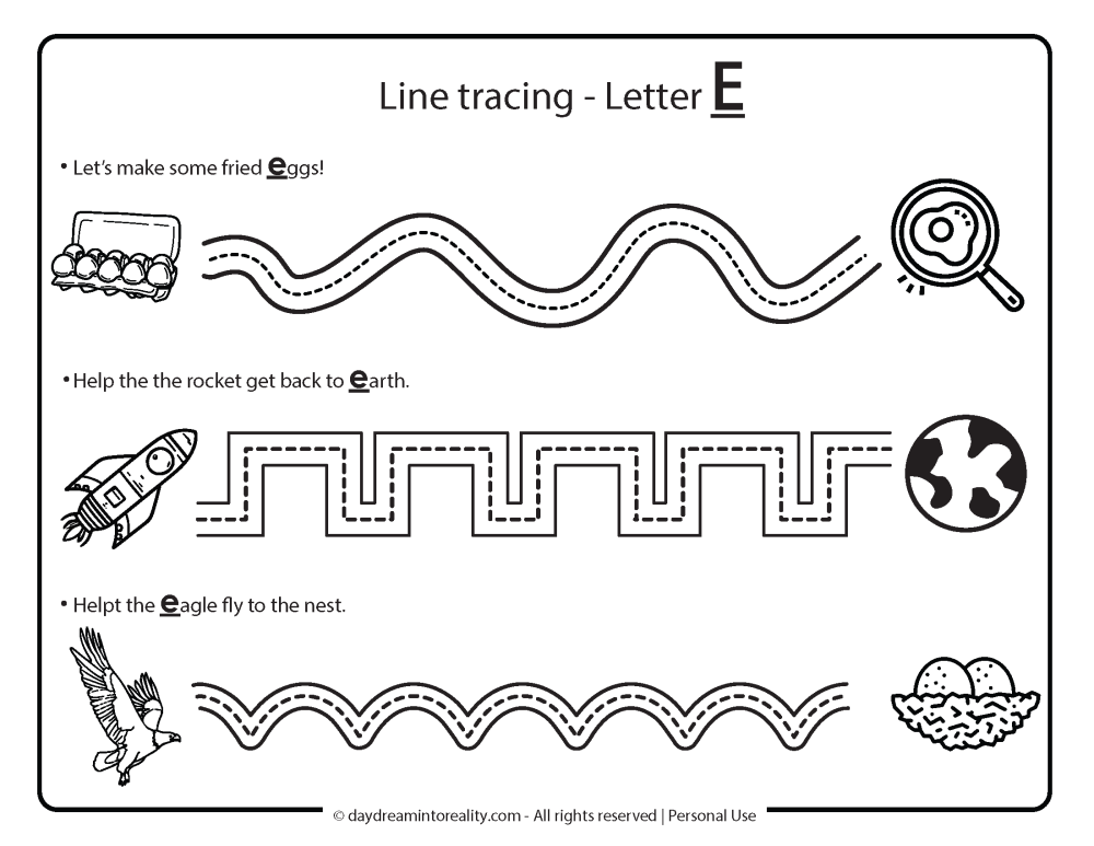 Letter E worksheet free printable - line tracing words that with e